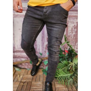 Blugi de bărbați, Gri cu dunga galbena, Slim Fit, Premium Denim - BG912