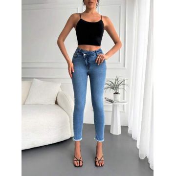 Blugi skinny fit cu talie asimetrica, albastru, dama, Shein