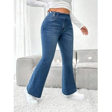 Blugi din denim, evazati, cu talie inalta, albastru, dama, Shein