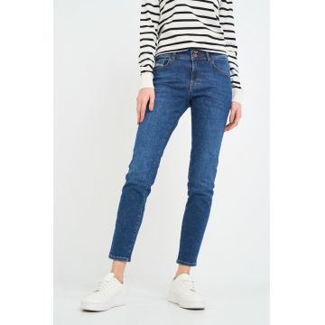 Blugi dama skinny cu aspect usor decolorat si logo aplicat - Albastru