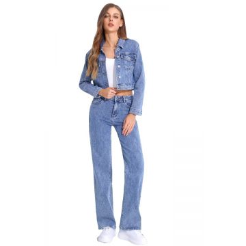 Blugi de dama Phoenix Romb, croiala relaxed fit, cu imprimeu geometric, Albastru denim